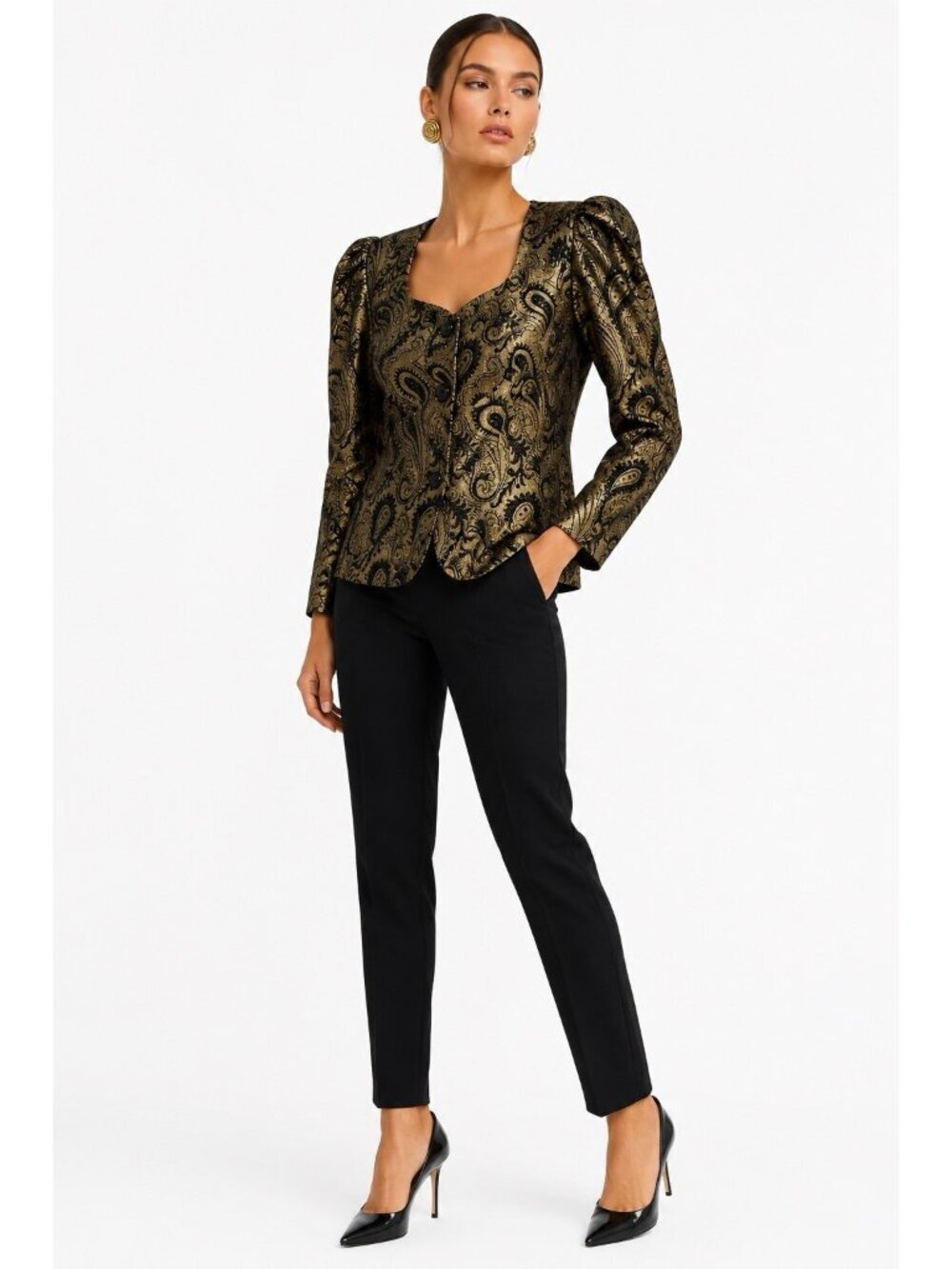 VINTAGE 90S gold black brocade evening top BLOUSE METALLIC SMALL STATEMENT GLAM